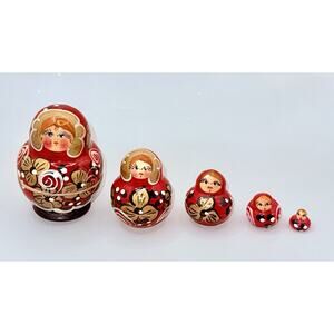 Vintage Russian Nesting Dolls Matryoshka 5 Piece Hand Painted Red Gold Flowers
